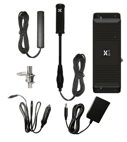Cel-Fi GO+ Amplifier with AC & DC Power Supplies and Exterior Trucker Antenna and Interior Patch Antenna with 13 feet cable.
